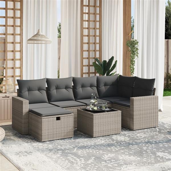 Grote foto vidaxl 7 delige loungeset met kussens poly rattan grijs tuin en terras tuinmeubelen