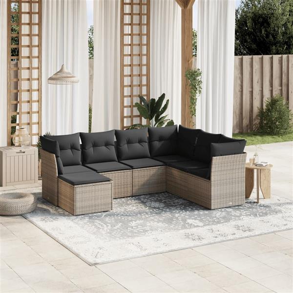 Grote foto vidaxl 7 delige loungeset met kussens poly rattan grijs tuin en terras tuinmeubelen