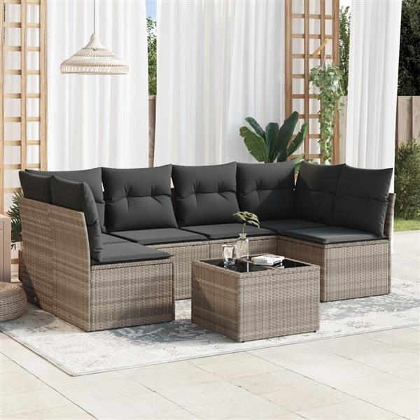 Grote foto vidaxl 7 delige loungeset met kussens poly rattan lichtgrijs tuin en terras tuinmeubelen