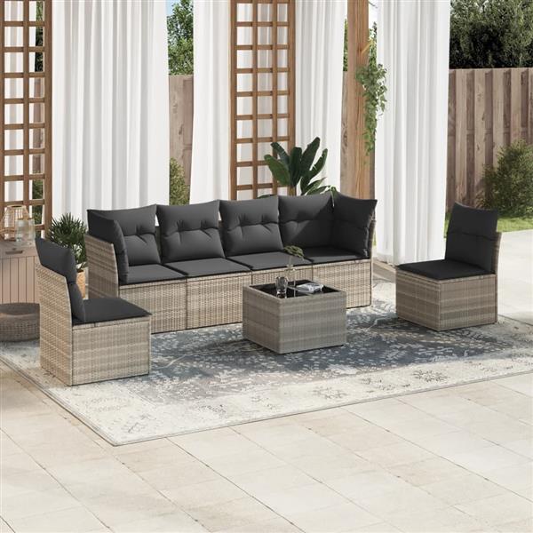 Grote foto vidaxl 7 delige loungeset met kussens poly rattan lichtgrijs tuin en terras tuinmeubelen