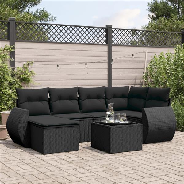 Grote foto vidaxl 7 delige loungeset met kussens poly rattan zwart tuin en terras tuinmeubelen