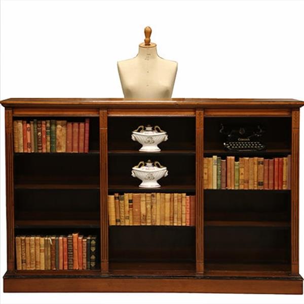 Grote foto lage en brede open boekenkast noten met zwarte accenten ca 1880 no.260610 antiek en kunst stoelen en banken