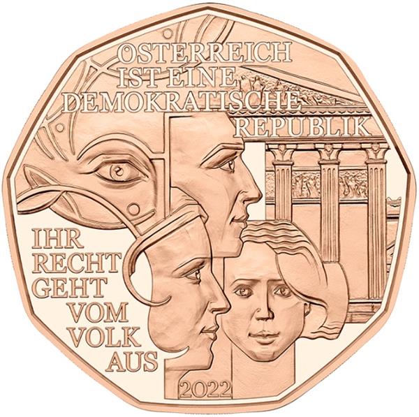 Grote foto oostenrijk 5 euro 2022 democratie koper verzamelen munten overige