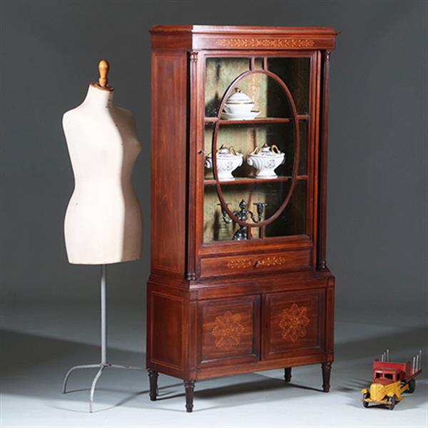 Grote foto franse vitrine met lade en gesloten deurtje prachtig ingelegd verstelbare planken ca. 1875 no.27011 antiek en kunst stoelen en banken