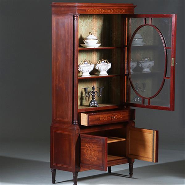 Grote foto franse vitrine met lade en gesloten deurtje prachtig ingelegd verstelbare planken ca. 1875 no.27011 antiek en kunst stoelen en banken