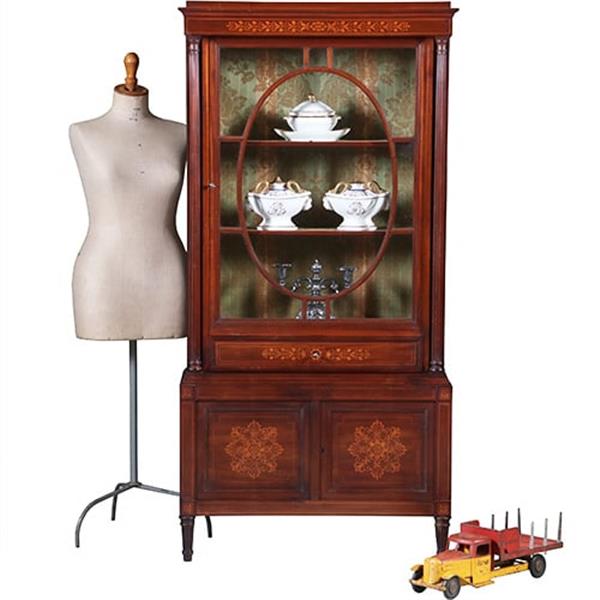 Grote foto franse vitrine met lade en gesloten deurtje prachtig ingelegd verstelbare planken ca. 1875 no.27011 antiek en kunst stoelen en banken