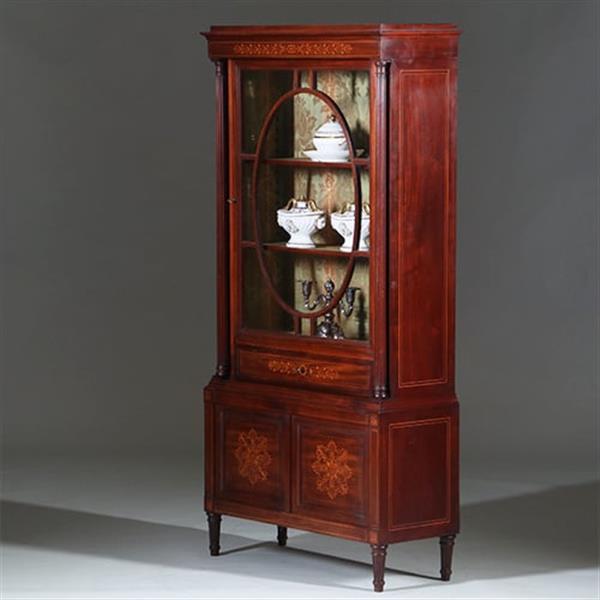 Grote foto franse vitrine met lade en gesloten deurtje prachtig ingelegd verstelbare planken ca. 1875 no.27011 antiek en kunst stoelen en banken
