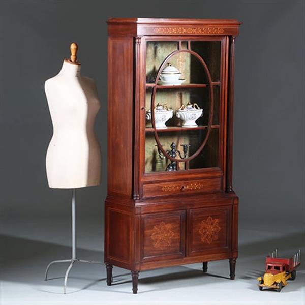 Grote foto franse vitrine met lade en gesloten deurtje prachtig ingelegd verstelbare planken ca. 1875 no.27011 antiek en kunst stoelen en banken