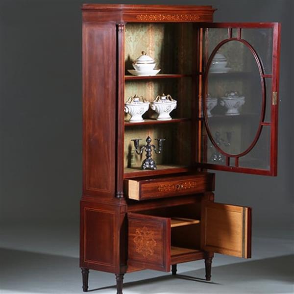 Grote foto franse vitrine met lade en gesloten deurtje prachtig ingelegd verstelbare planken ca. 1875 no.27011 antiek en kunst stoelen en banken