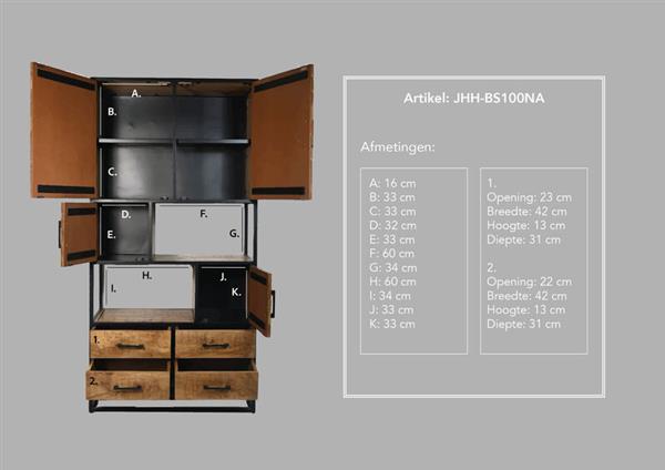 Grote foto hsm collection wandkast verona 4 deur 4 la 100x40x200 naturel zwart mango metaal huis en inrichting eettafels