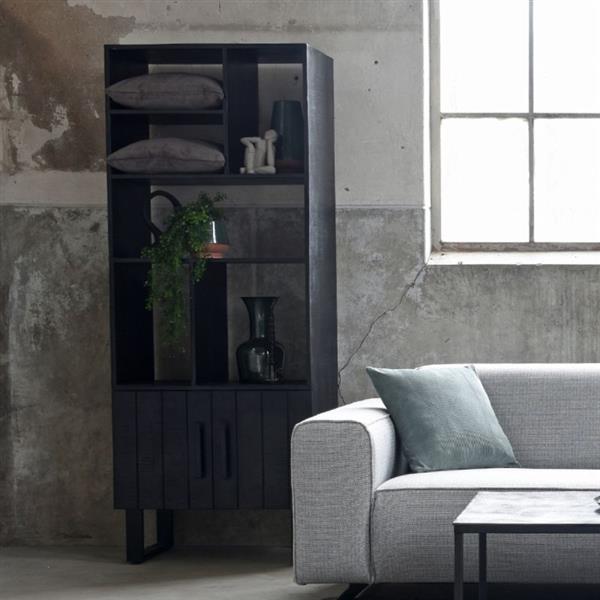 Grote foto boekenkast santos 74x40x190 cm zwart mangohout zwart metaal huis en inrichting eettafels