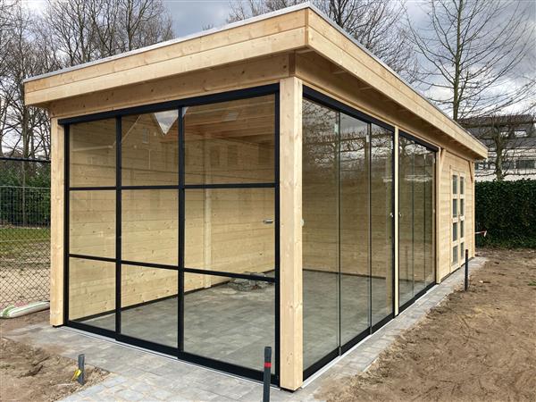 Grote foto tuinhuis blokhut bosuil 300 x 300cm luifel 400cm tuin en terras tuinhuisjes en blokhutten