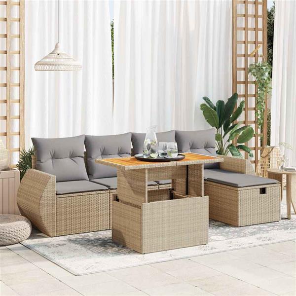 Grote foto vidaxl 6 delige loungeset met kussens poly rattan acacia beige tuin en terras tuinmeubelen