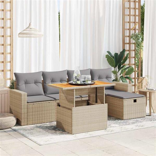 Grote foto vidaxl 6 delige loungeset met kussens poly rattan acacia beige tuin en terras tuinmeubelen