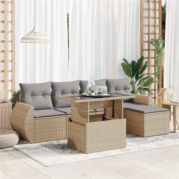 Grote foto vidaxl 6 delige loungeset met kussens poly rattan beige tuin en terras tuinmeubelen