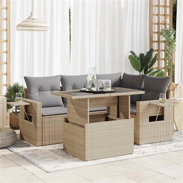 Grote foto vidaxl 5 delige loungeset met kussens poly rattan beige tuin en terras tuinmeubelen