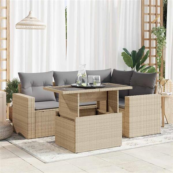 Grote foto vidaxl 5 delige loungeset met kussens poly rattan beige tuin en terras tuinmeubelen