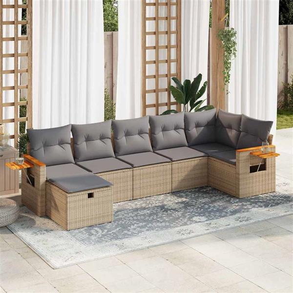 Grote foto vidaxl 7 delige loungeset met kussens poly rattan beige tuin en terras tuinmeubelen