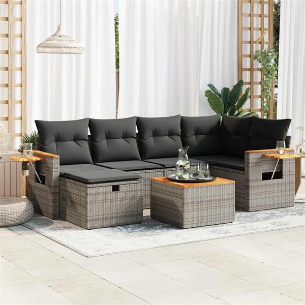 Grote foto vidaxl 7 delige loungeset met kussens poly rattan grijs tuin en terras tuinmeubelen