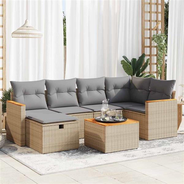 Grote foto vidaxl 7 delige loungeset met kussens poly rattan beige tuin en terras tuinmeubelen