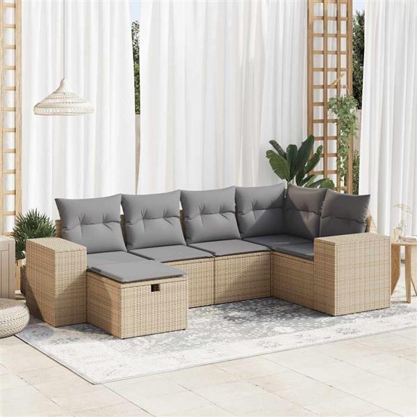 Grote foto vidaxl 6 delige loungeset met kussens poly rattan beige tuin en terras tuinmeubelen