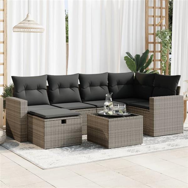 Grote foto vidaxl 7 delige loungeset met kussens poly rattan grijs tuin en terras tuinmeubelen