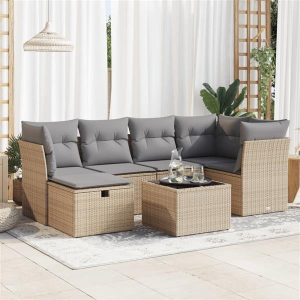 Grote foto vidaxl 7 delige loungeset met kussens poly rattan beige tuin en terras tuinmeubelen