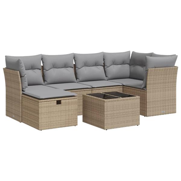 Grote foto vidaxl 7 delige loungeset met kussens poly rattan beige tuin en terras tuinmeubelen