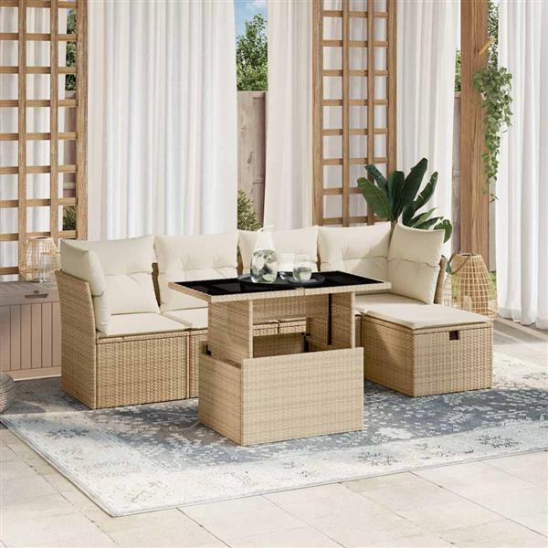 Grote foto vidaxl 6 delige loungeset met kussens poly rattan beige tuin en terras tuinmeubelen