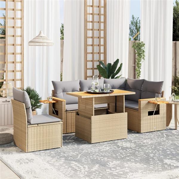 Grote foto vidaxl 6 delige loungeset met kussens poly rattan beige tuin en terras tuinmeubelen