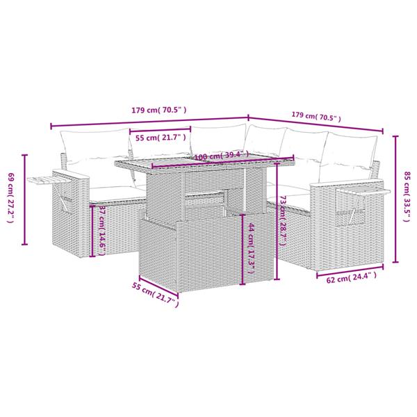 Grote foto vidaxl 6 delige loungeset met kussens poly rattan grijs tuin en terras tuinmeubelen