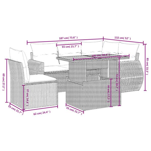 Grote foto vidaxl 6 delige loungeset met kussens poly rattan grijs tuin en terras tuinmeubelen