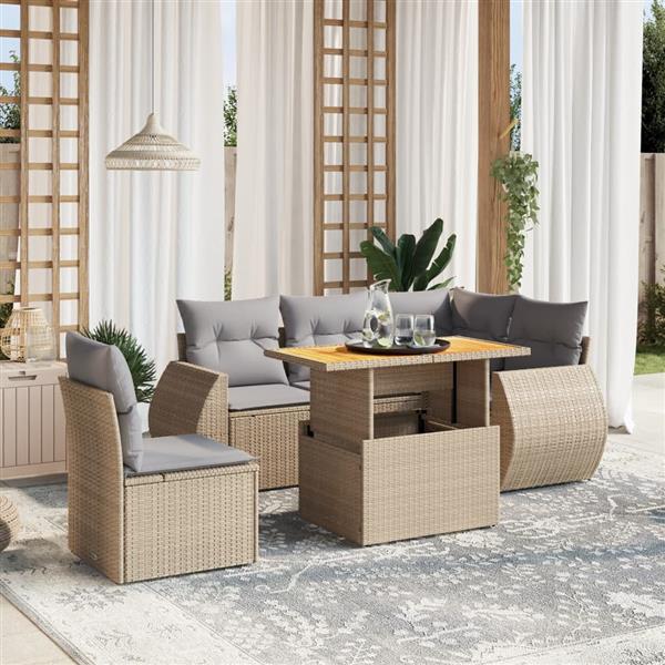 Grote foto vidaxl 6 delige loungeset met kussens poly rattan beige tuin en terras tuinmeubelen