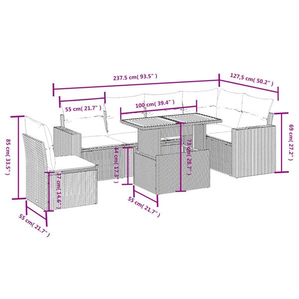 Grote foto vidaxl 7 delige loungeset met kussens poly rattan zwart tuin en terras tuinmeubelen