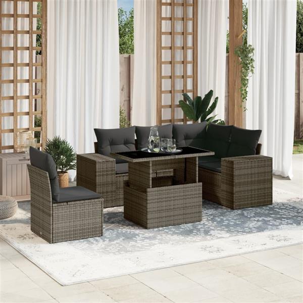 Grote foto vidaxl 6 delige loungeset met kussens poly rattan grijs tuin en terras tuinmeubelen