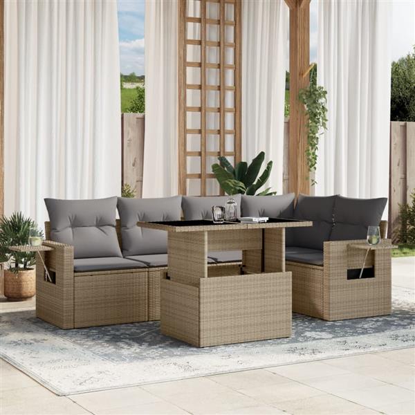 Grote foto vidaxl 6 delige loungeset met kussens poly rattan beige tuin en terras tuinmeubelen
