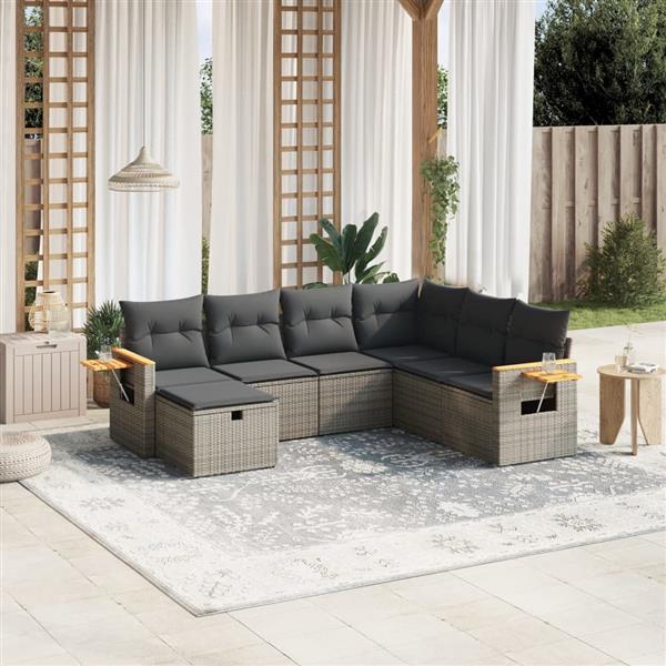 Grote foto vidaxl 7 delige loungeset met kussens poly rattan grijs tuin en terras tuinmeubelen
