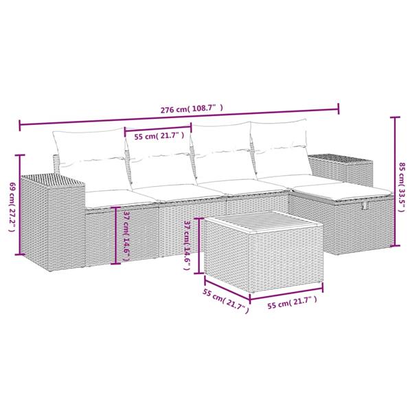 Grote foto vidaxl 6 delige loungeset met kussens poly rattan beige tuin en terras tuinmeubelen
