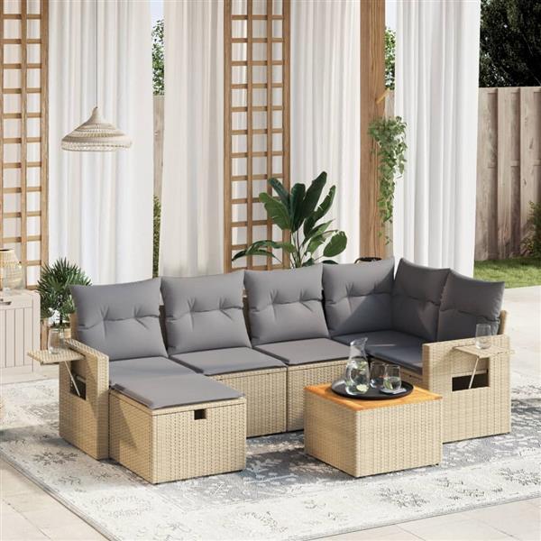 Grote foto vidaxl 7 delige loungeset met kussens poly rattan gemengd beige tuin en terras tuinmeubelen