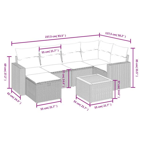 Grote foto vidaxl 7 delige loungeset met kussens poly rattan gemengd beige tuin en terras tuinmeubelen