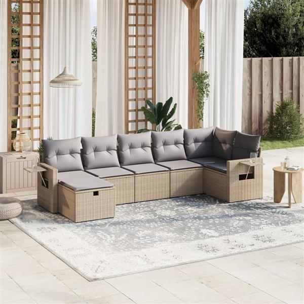 Grote foto vidaxl 7 delige loungeset met kussens poly rattan gemengd beige tuin en terras tuinmeubelen