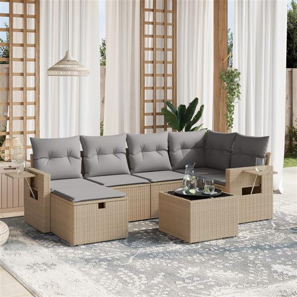 Grote foto vidaxl 7 delige loungeset met kussens poly rattan gemengd beige tuin en terras tuinmeubelen