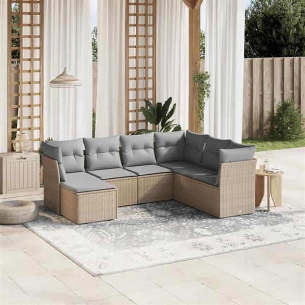 Grote foto vidaxl 7 delige loungeset met kussens poly rattan gemengd beige tuin en terras tuinmeubelen