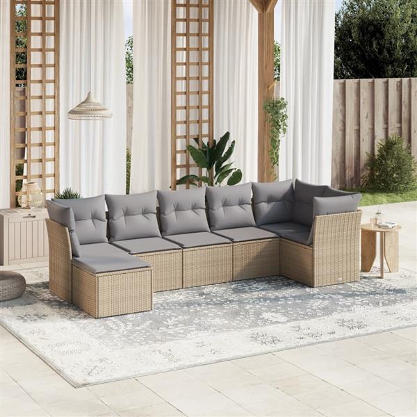 Grote foto vidaxl 7 delige loungeset met kussens poly rattan gemengd beige tuin en terras tuinmeubelen
