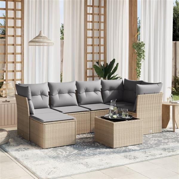 Grote foto vidaxl 7 delige loungeset met kussens poly rattan gemengd beige tuin en terras tuinmeubelen