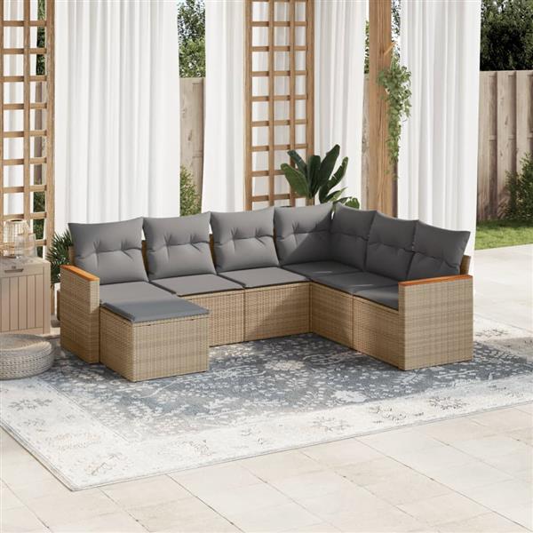 Grote foto vidaxl 7 delige loungeset met kussens poly rattan beige tuin en terras tuinmeubelen