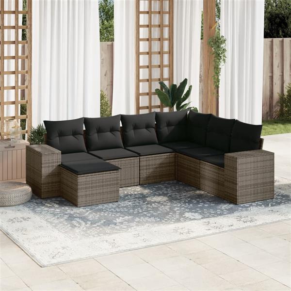 Grote foto vidaxl 7 delige loungeset met kussens poly rattan grijs tuin en terras tuinmeubelen