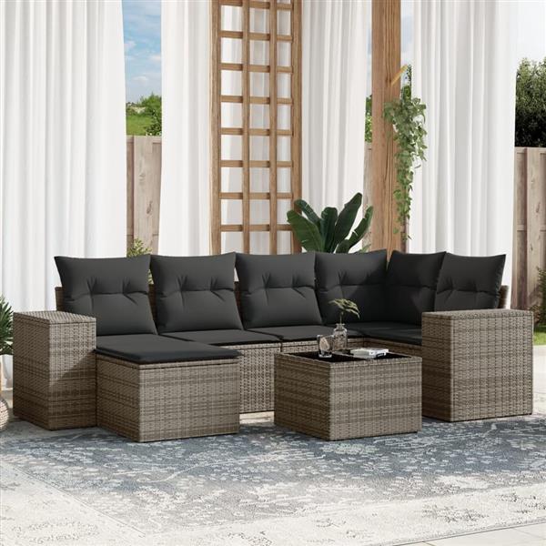 Grote foto vidaxl 7 delige loungeset met kussens poly rattan grijs tuin en terras tuinmeubelen