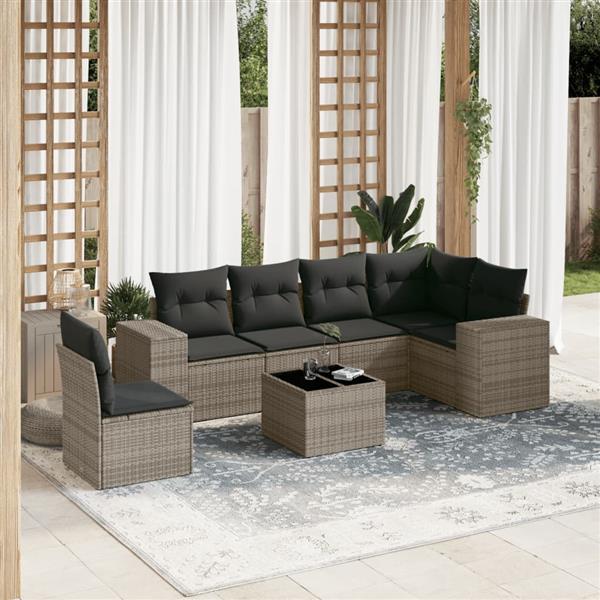 Grote foto vidaxl 7 delige loungeset met kussens poly rattan grijs tuin en terras tuinmeubelen