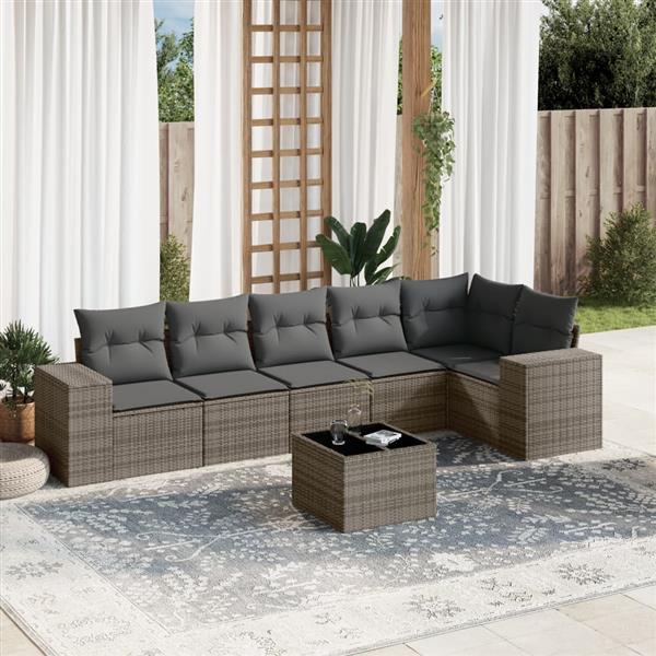 Grote foto vidaxl 7 delige loungeset met kussens poly rattan grijs tuin en terras tuinmeubelen